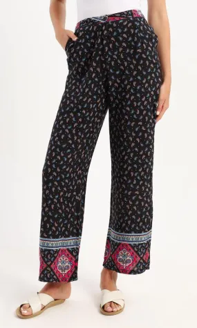 56985 Side Pockets Paisley Wide Leg Black Pants