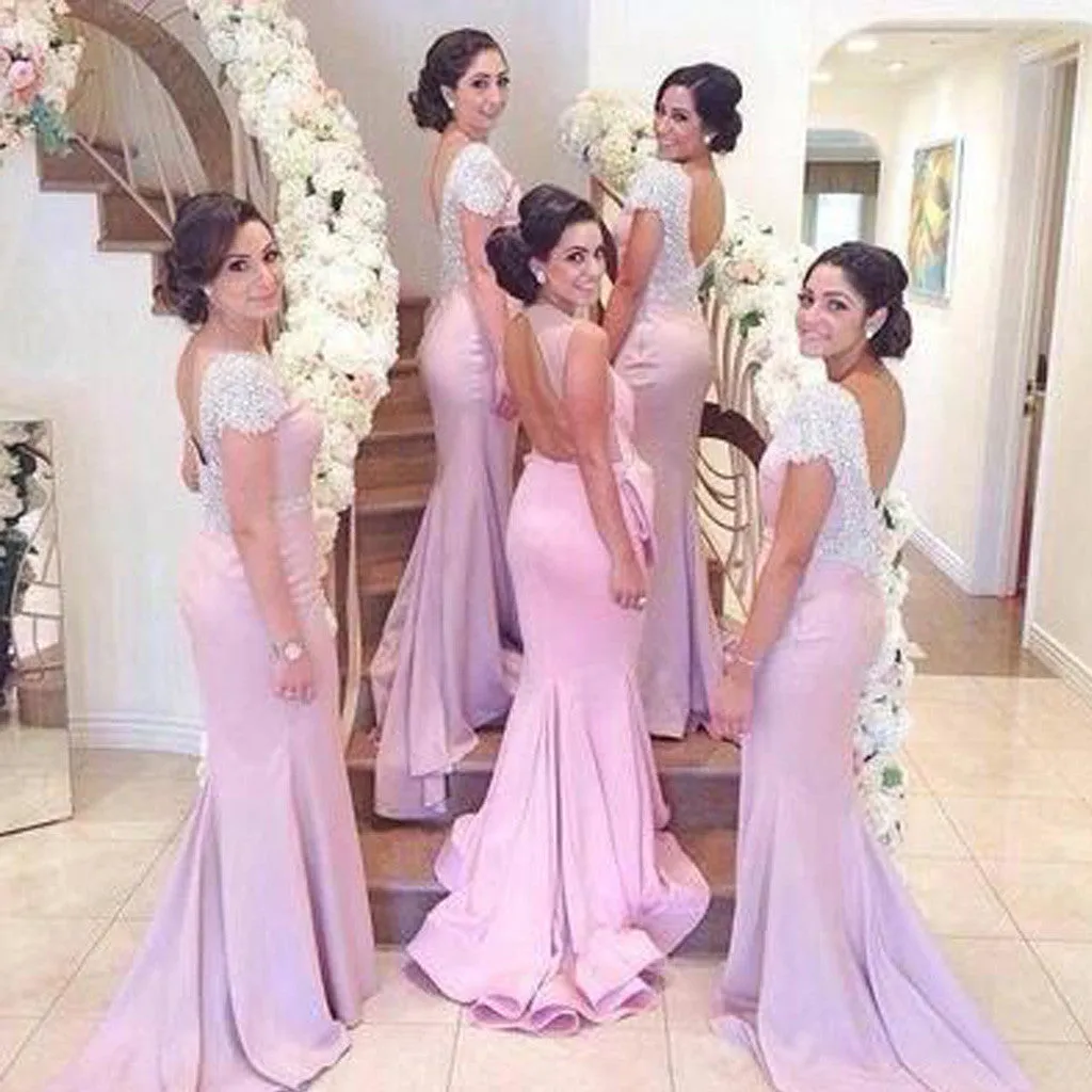 Beading Cap Sleeve Open Back Sexy Mermaid Inexpensive Long Bridesmaid Dresses, WG120