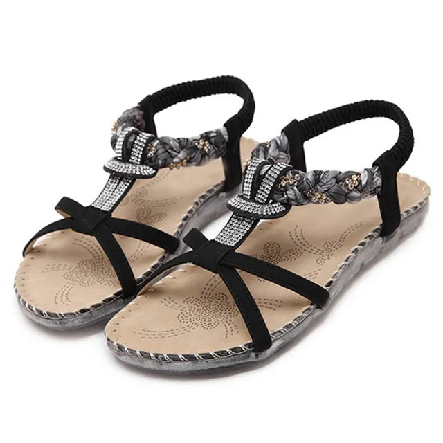 Bohemian Rhinestone T-Strap Strap Flat Sandal