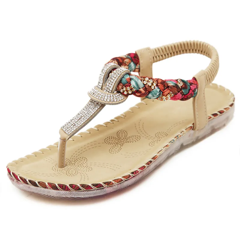 Bohemian Rhinestone T-Strap Strap Flat Sandal