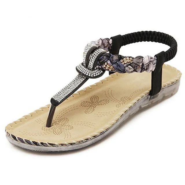 Bohemian Rhinestone T-Strap Strap Flat Sandal