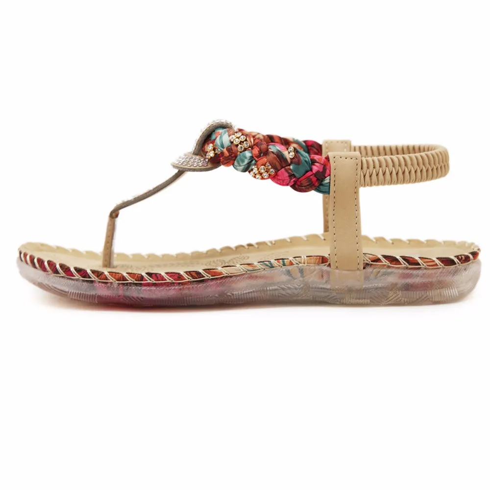 Bohemian Rhinestone T-Strap Strap Flat Sandal