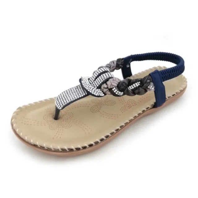 Bohemian Rhinestone T-Strap Strap Flat Sandal