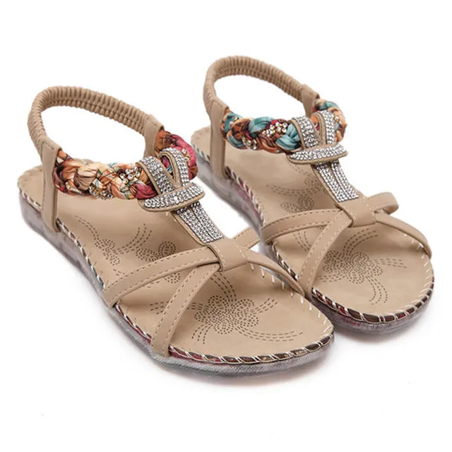 Bohemian Rhinestone T-Strap Strap Flat Sandal