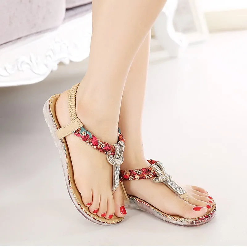 Bohemian Rhinestone T-Strap Strap Flat Sandal