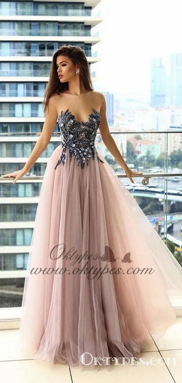 Delicate Illusion Round Neck Blush Prom Dresses with Appliques Beading, TYP1527