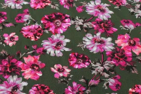 End of Bolt: 1-3/8th yards of Tamsia Floral Army Green Blousewear Crepe -remnant