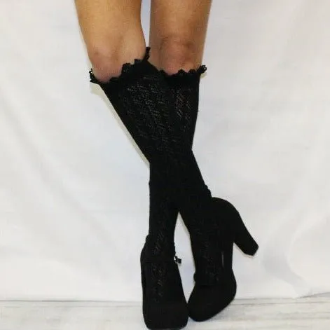 LOLITA lace tall knee high boot socks - black