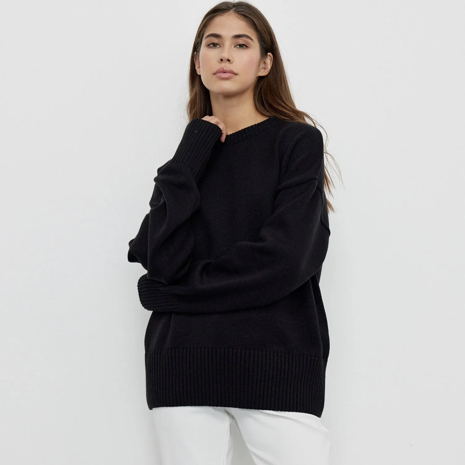 Minimalist Monochrome Crew Neck Drop Shoulder Long Sleeve Pullover Sweater