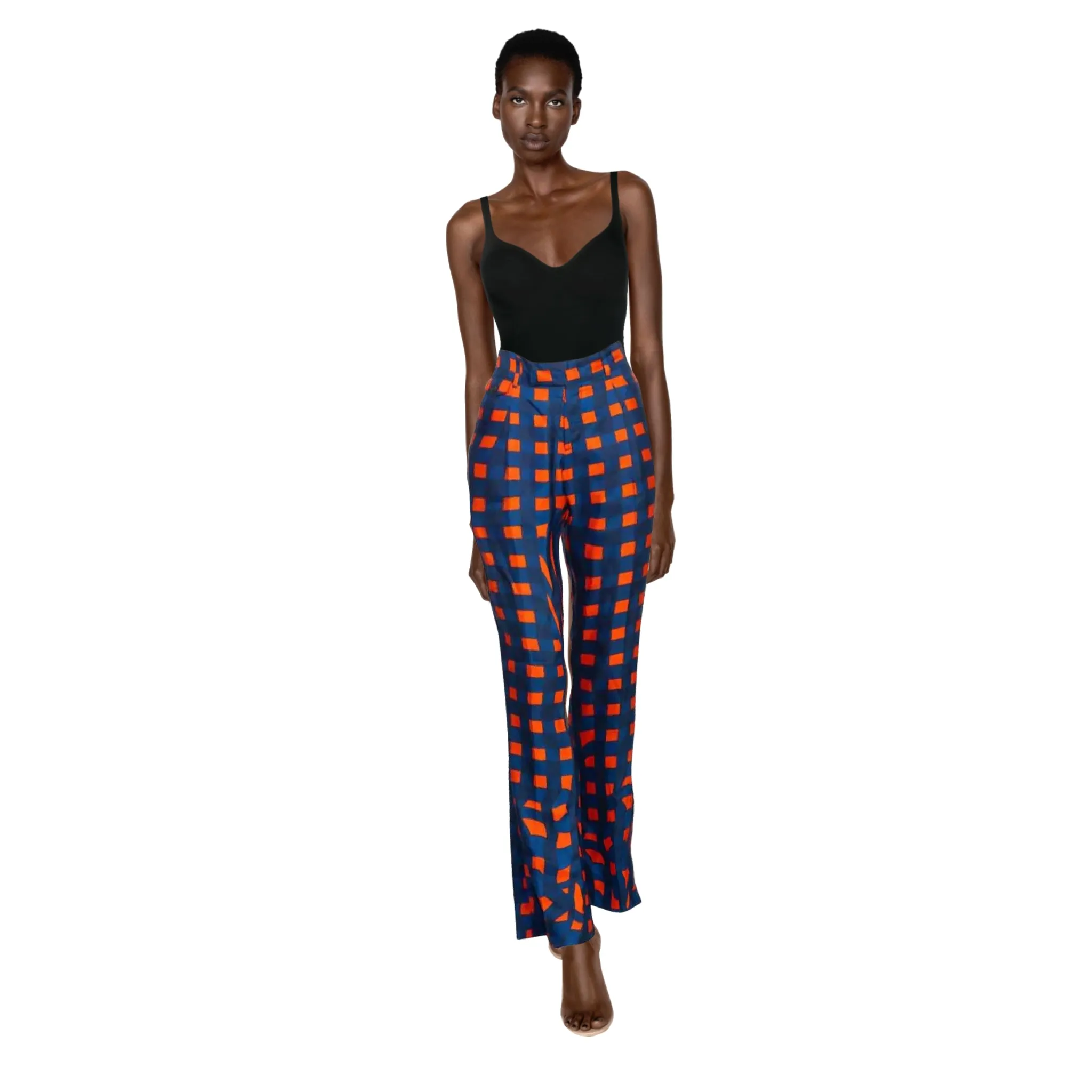 PRADA Blue Orange Red Check Silk Fairy Pants Runway 2008 | Size M