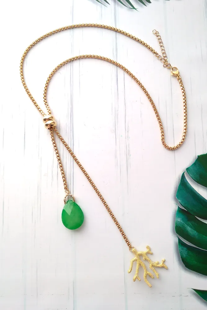 Teardrop Green Jade with Branch Coral Slider Necklace